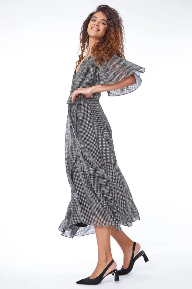 Women Gold Shimmer Spot Ruched Wrap Midi Dress Roman Dresses