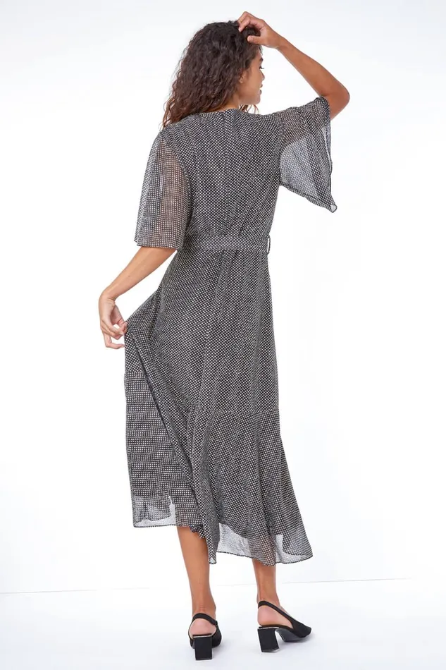 Women Gold Shimmer Spot Ruched Wrap Midi Dress Roman Dresses