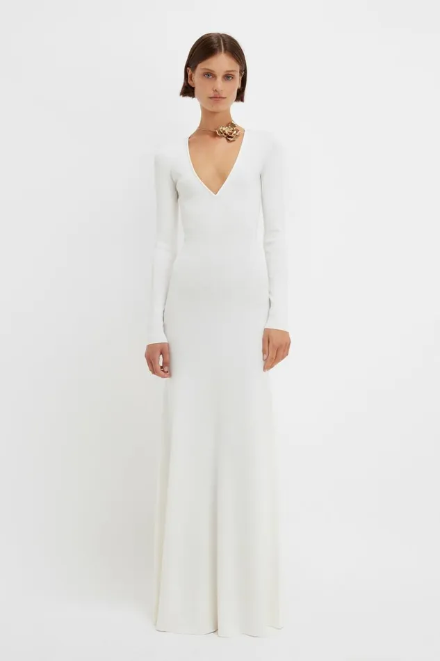 Women Gowns Victoria Beckham Deep V Knitted Gown In White