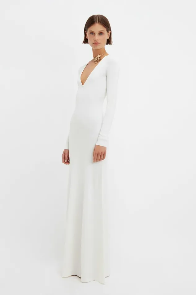 Women Gowns Victoria Beckham Deep V Knitted Gown In White
