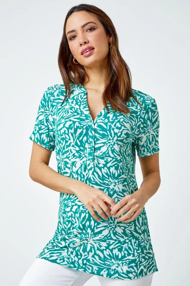 Women Green Abstract Floral Print VNeck Top Roman Tops