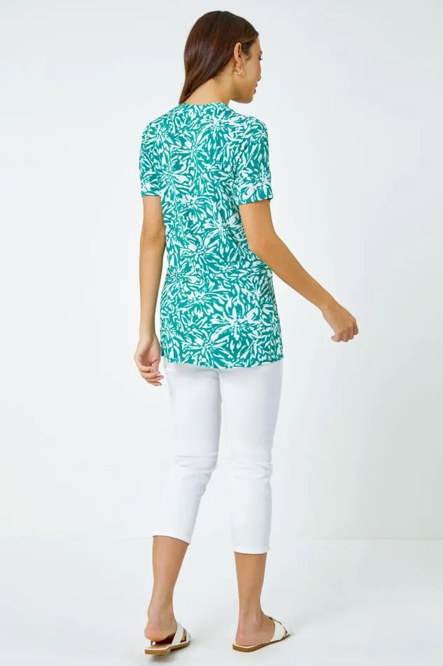 Women Green Abstract Floral Print VNeck Top Roman Tops