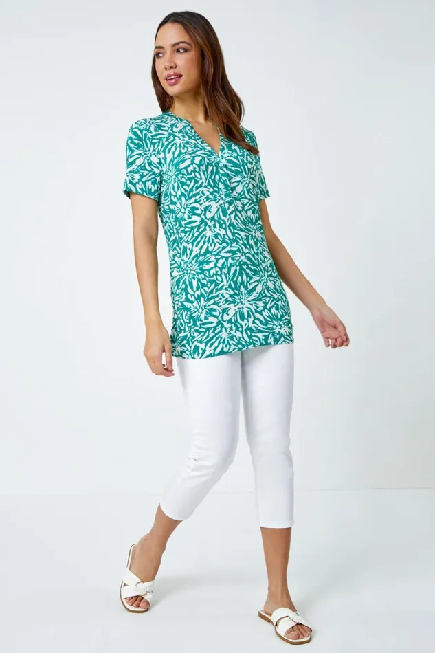 Women Green Abstract Floral Print VNeck Top Roman Tops