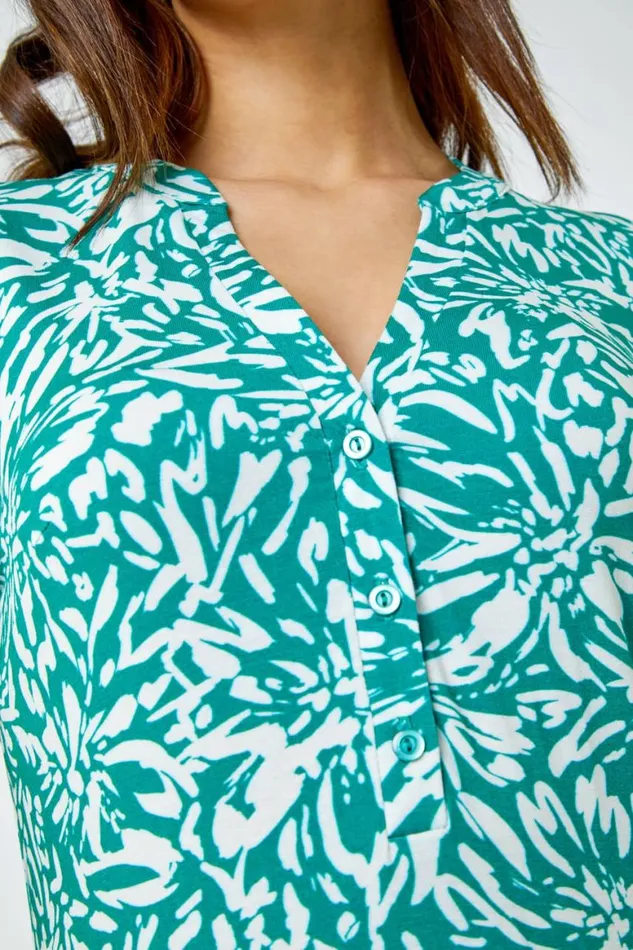 Women Green Abstract Floral Print VNeck Top Roman Tops