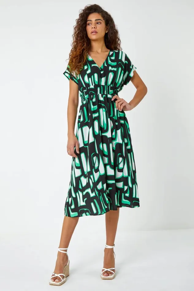 Women Green Abstract Geometric Print Midi Dress Roman Dresses