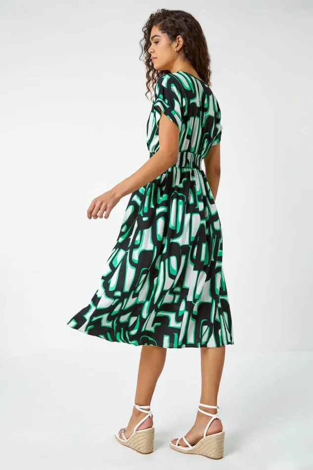 Women Green Abstract Geometric Print Midi Dress Roman Dresses