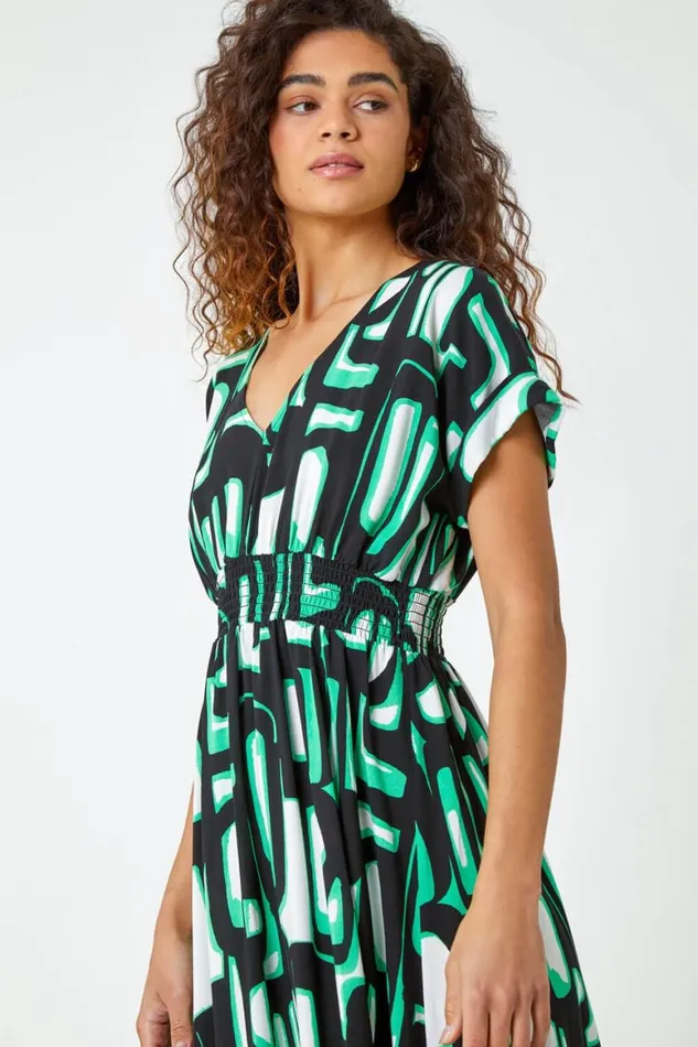 Women Green Abstract Geometric Print Midi Dress Roman Dresses