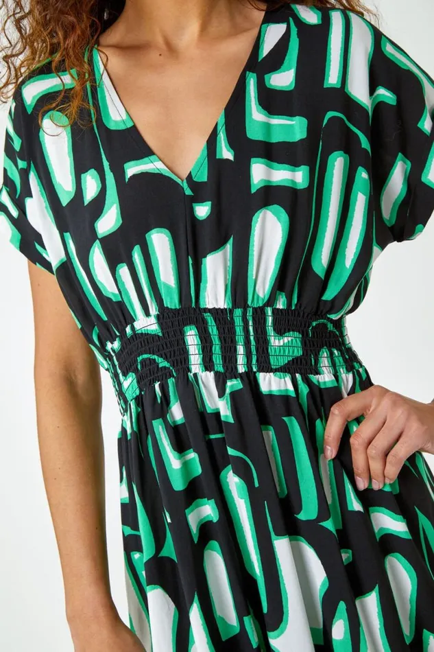 Women Green Abstract Geometric Print Midi Dress Roman Dresses