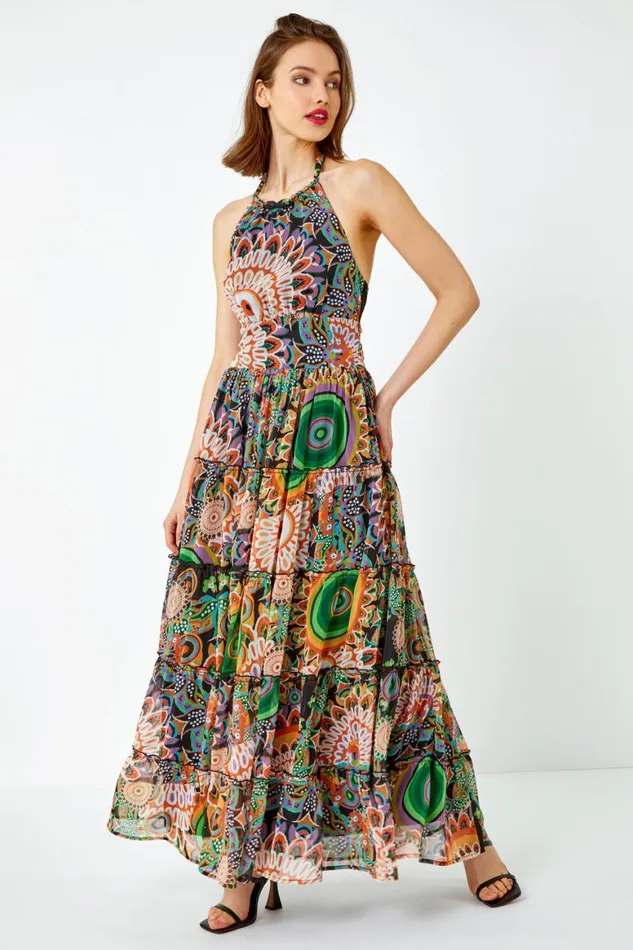 Women Green Abstract Halter Neck Tiered Maxi Dress Roman Dresses
