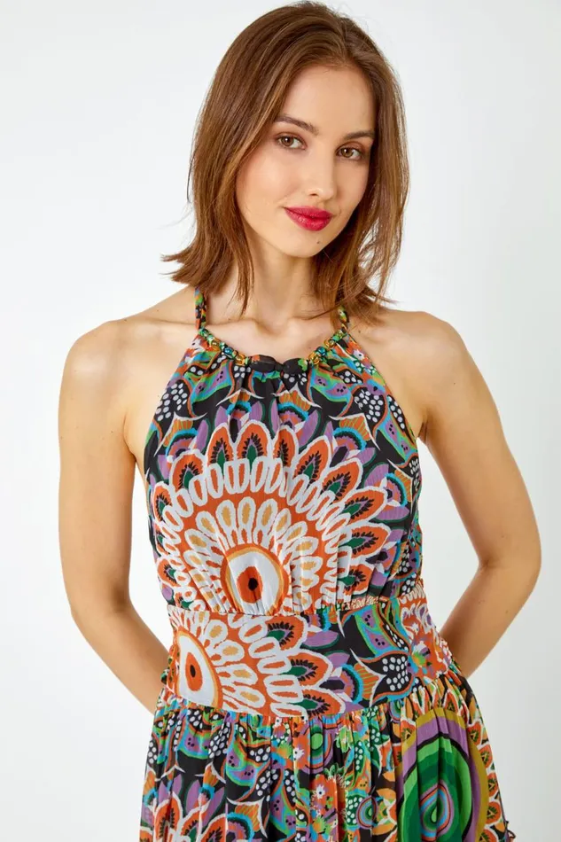 Women Green Abstract Halter Neck Tiered Maxi Dress Roman Dresses