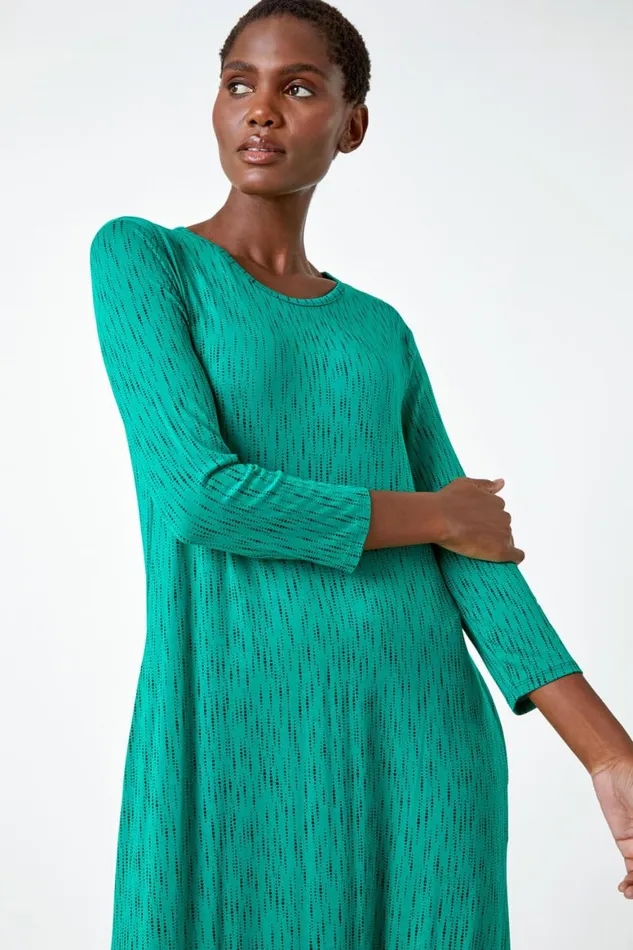 Women Green Abstract Pocket Stretch Midi Dress Roman Dresses