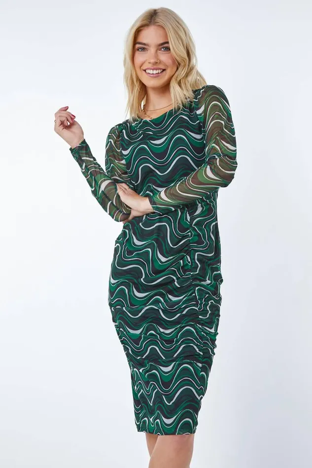 Women Green Abstract Ruched Side Midi Dress Roman Dresses