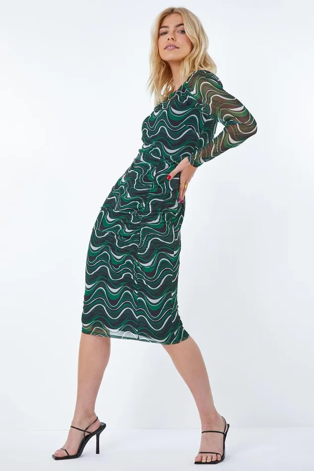 Women Green Abstract Ruched Side Midi Dress Roman Dresses