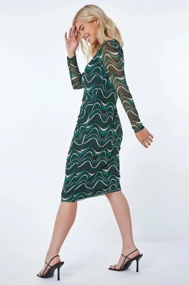 Women Green Abstract Ruched Side Midi Dress Roman Dresses