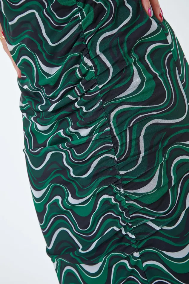 Women Green Abstract Ruched Side Midi Dress Roman Dresses