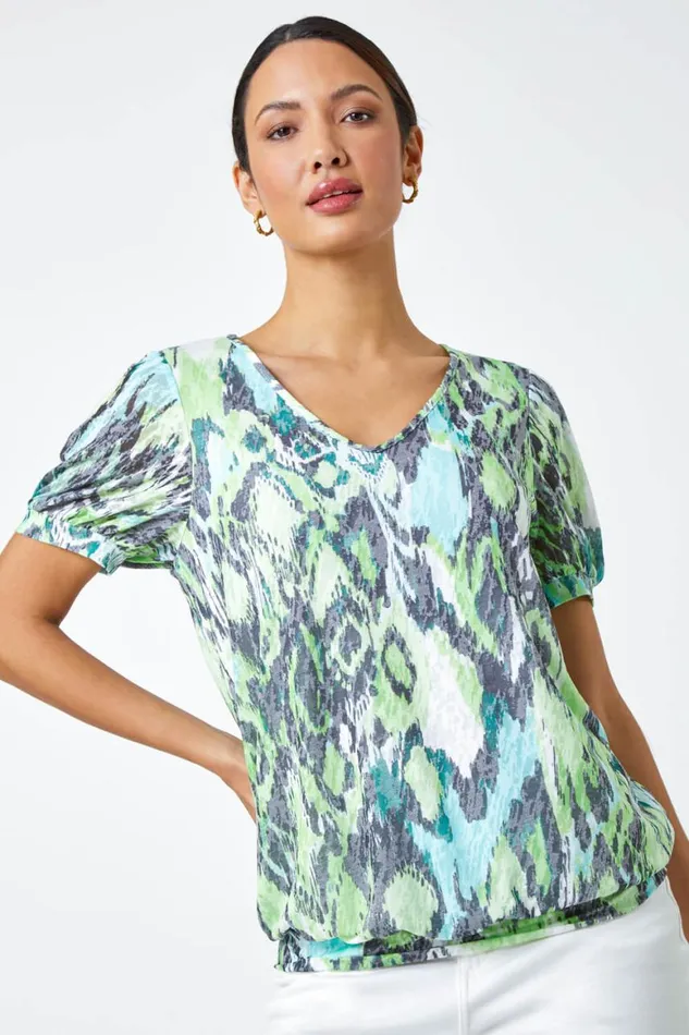Women Green Animal Burnout Print VNeck Blouson Top Roman Tops