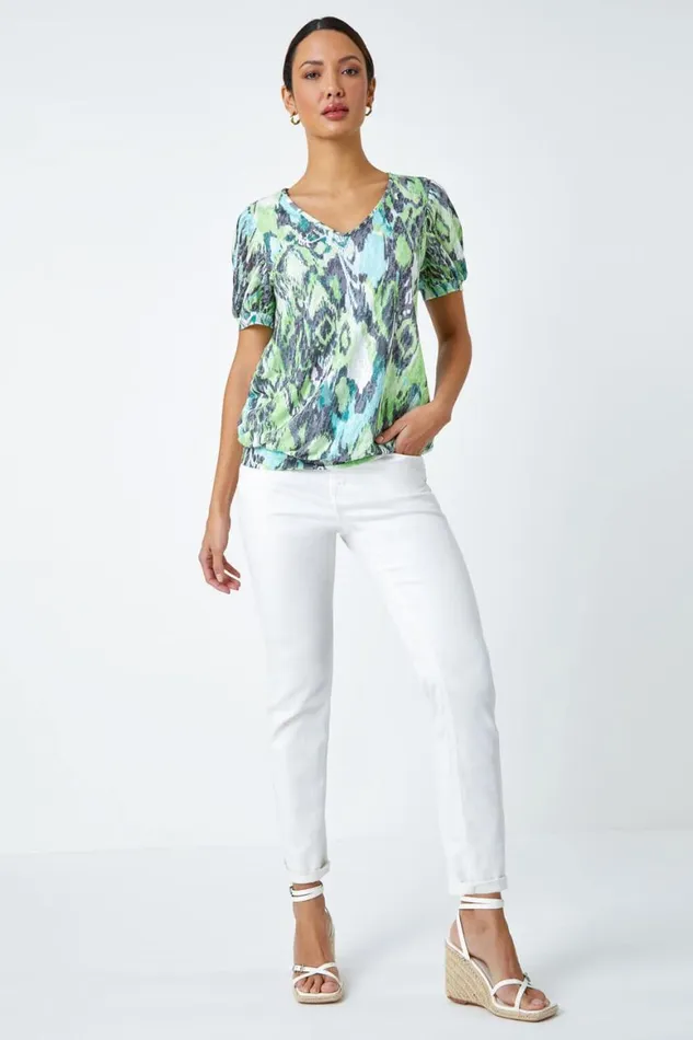 Women Green Animal Burnout Print VNeck Blouson Top Roman Tops