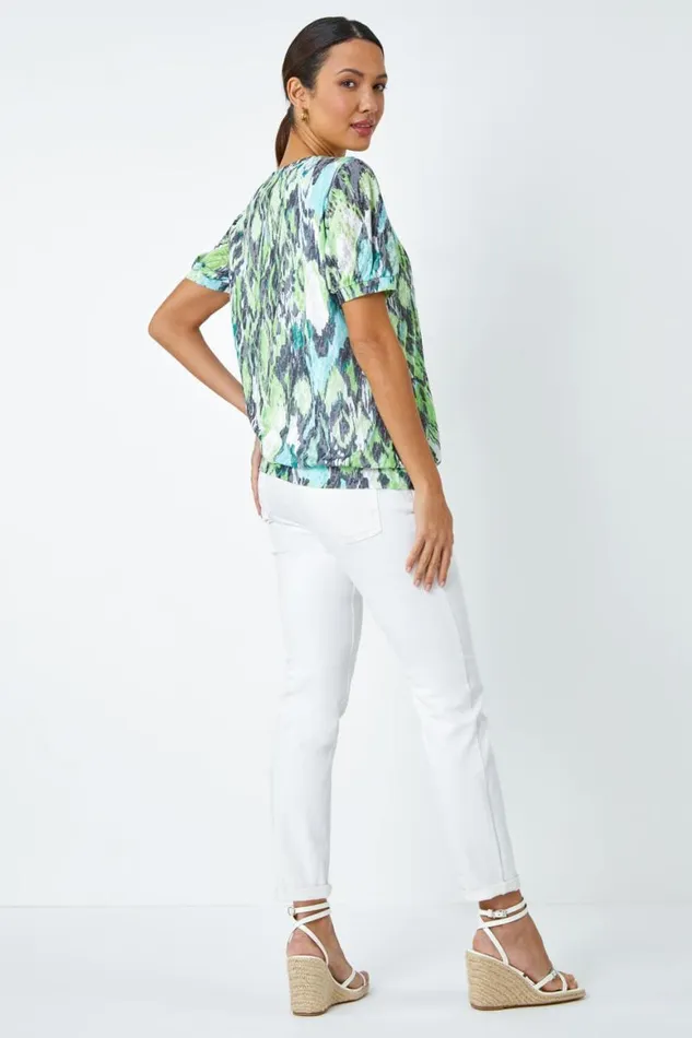 Women Green Animal Burnout Print VNeck Blouson Top Roman Tops