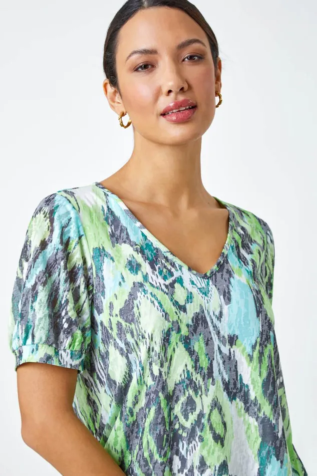 Women Green Animal Burnout Print VNeck Blouson Top Roman Tops