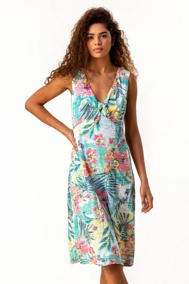 Women Green Burnout Tropical Print Stretch Dress Roman Dresses