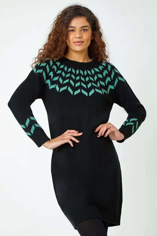 Women Green Chevron Print Jumper Dress Roman Dresses