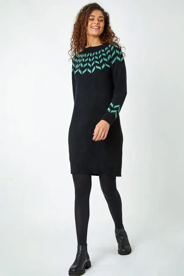 Women Green Chevron Print Jumper Dress Roman Dresses
