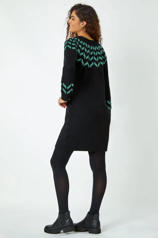 Women Green Chevron Print Jumper Dress Roman Dresses