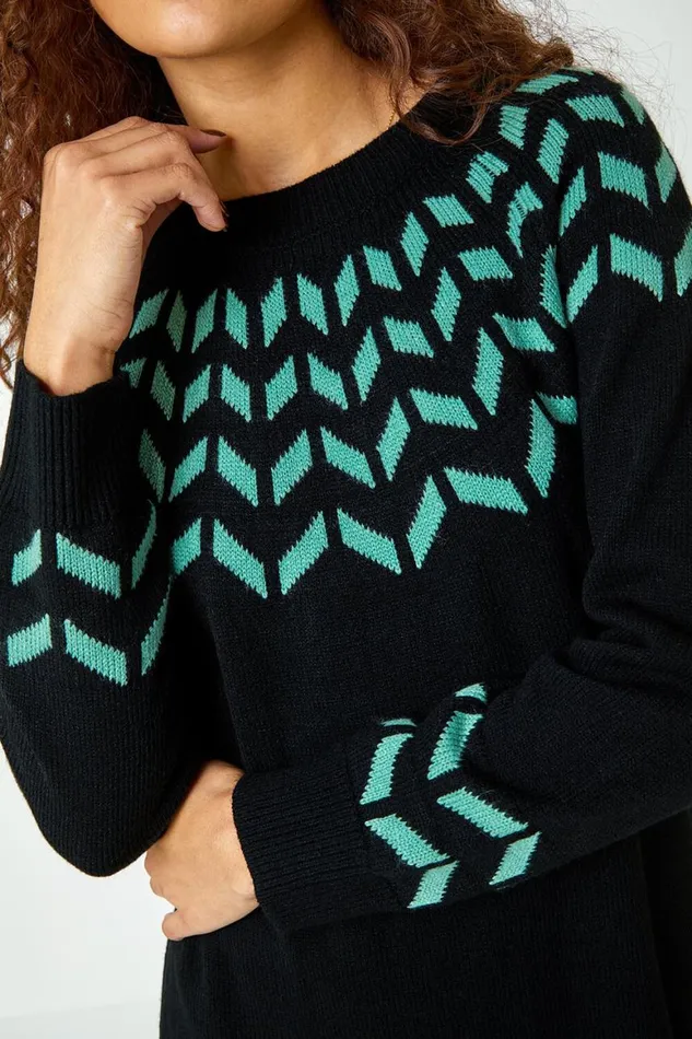 Women Green Chevron Print Jumper Dress Roman Dresses
