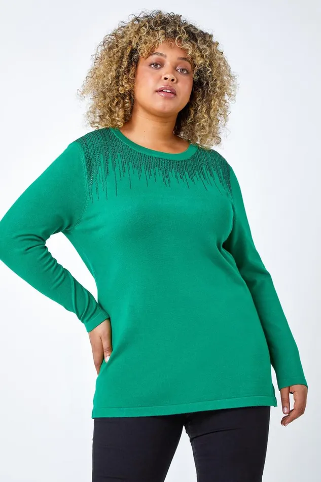 Women Green Curve Bead Embellished Jumper Roman Knitwear