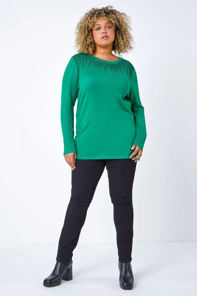 Women Green Curve Bead Embellished Jumper Roman Knitwear
