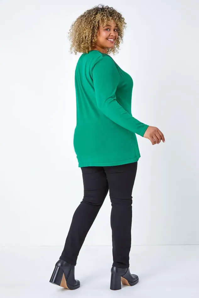 Women Green Curve Bead Embellished Jumper Roman Knitwear