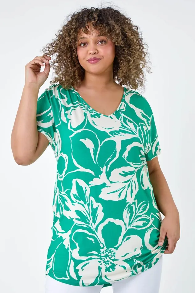Women Green Curve Floral Tie Back VNeck Stretch Top Roman Tops