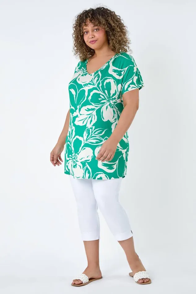 Women Green Curve Floral Tie Back VNeck Stretch Top Roman Tops