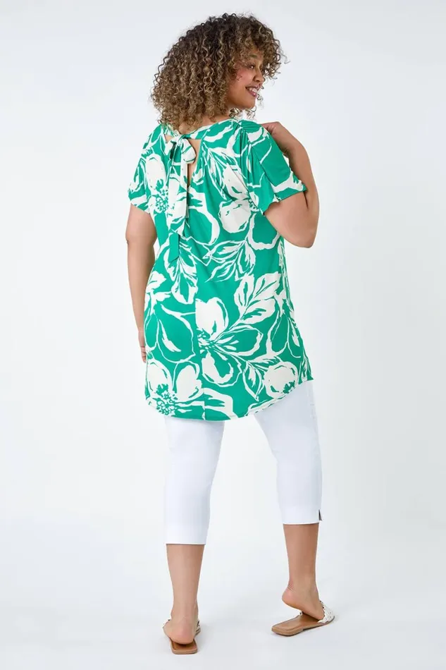 Women Green Curve Floral Tie Back VNeck Stretch Top Roman Tops