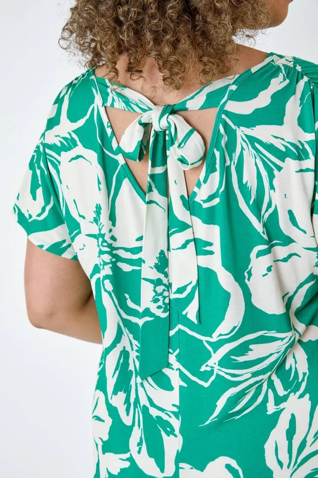 Women Green Curve Floral Tie Back VNeck Stretch Top Roman Tops