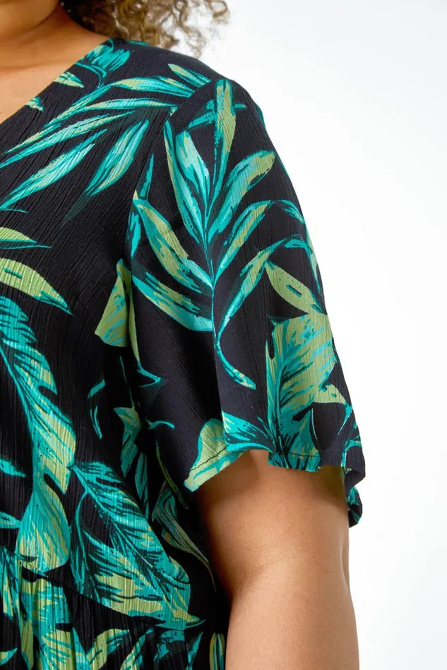 Women Green Curve Geometric Tiered Frill Midi Dress Roman Dresses