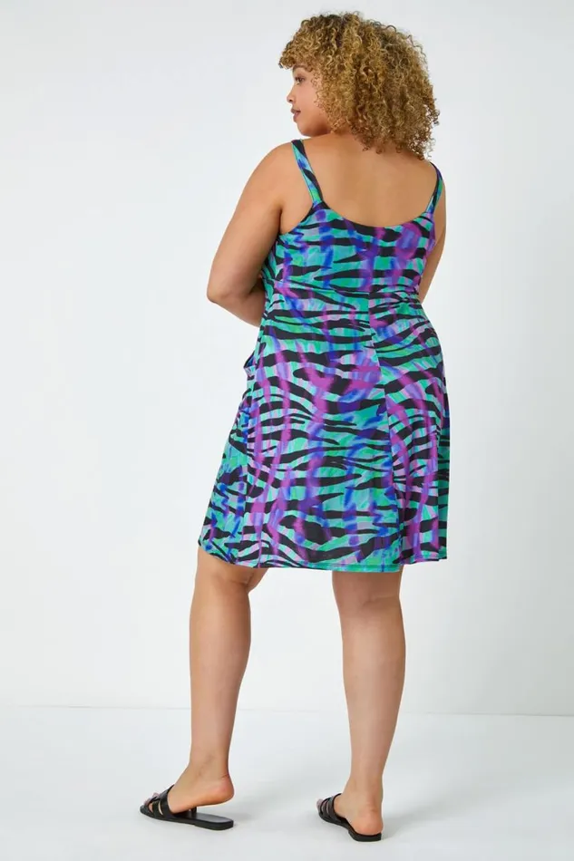 Women Green Curve Sleeveless Zebra Print Stretch Dress Roman Dresses