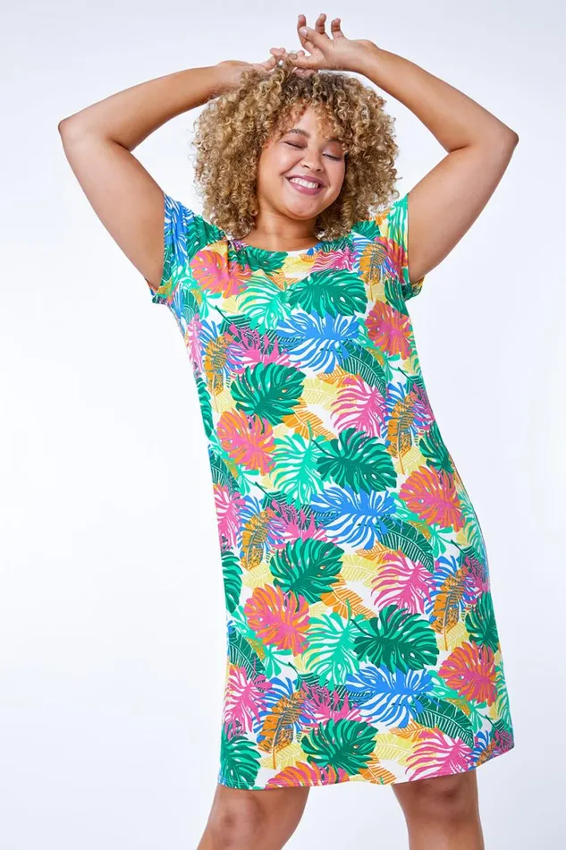 Women Green Curve Stretch Leaf Print Shift Dress Roman Dresses