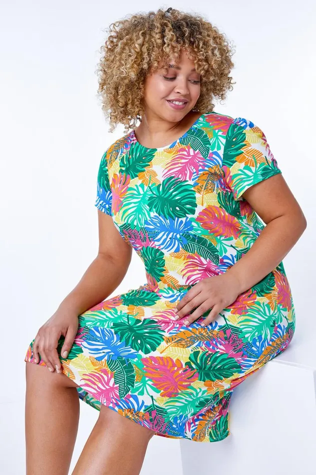 Women Green Curve Stretch Leaf Print Shift Dress Roman Dresses