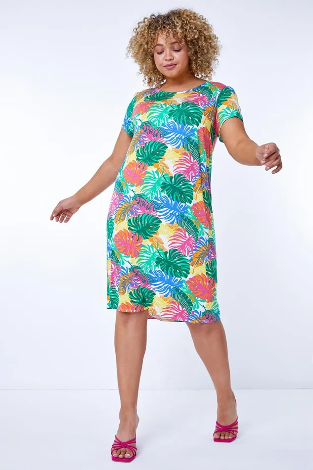 Women Green Curve Stretch Leaf Print Shift Dress Roman Dresses