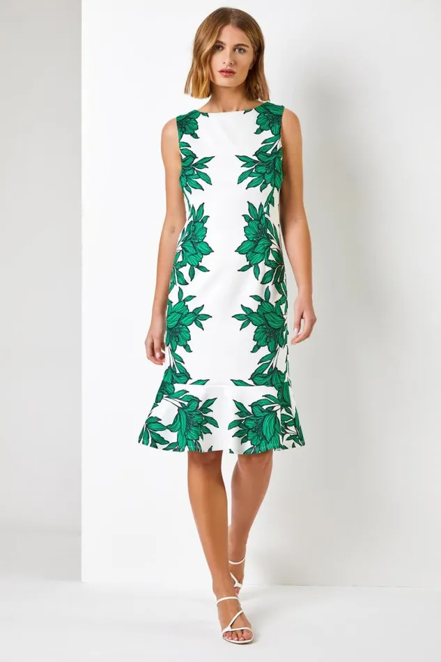 Women Green Floral Border Print Frill Stretch Dress Roman Dresses