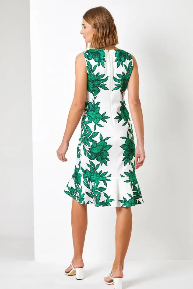 Women Green Floral Border Print Frill Stretch Dress Roman Dresses
