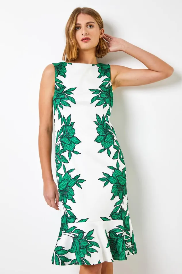 Women Green Floral Border Print Frill Stretch Dress Roman Dresses