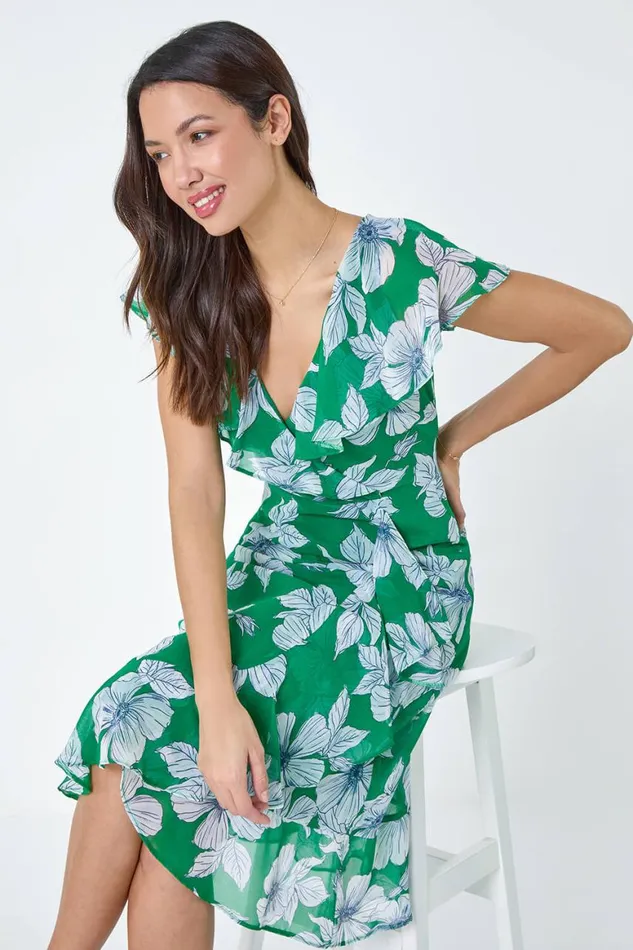Women Green Floral Print Chiffon Frill Midi Dress Roman Dresses