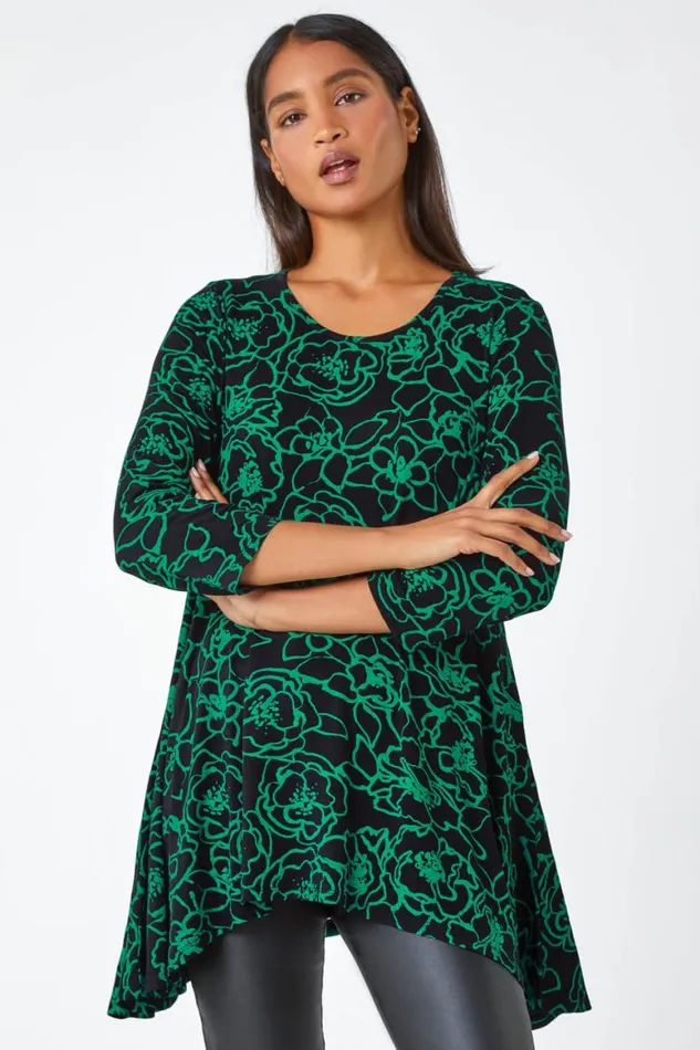 Women Green Floral Print Hanky Hem Stretch Tunic Top Roman Tops