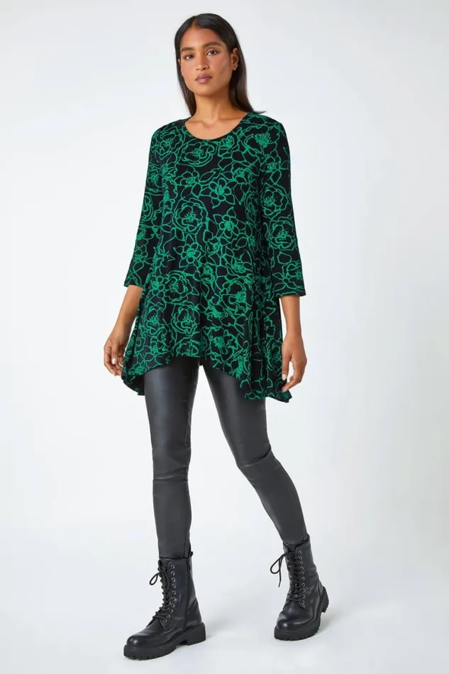 Women Green Floral Print Hanky Hem Stretch Tunic Top Roman Tops