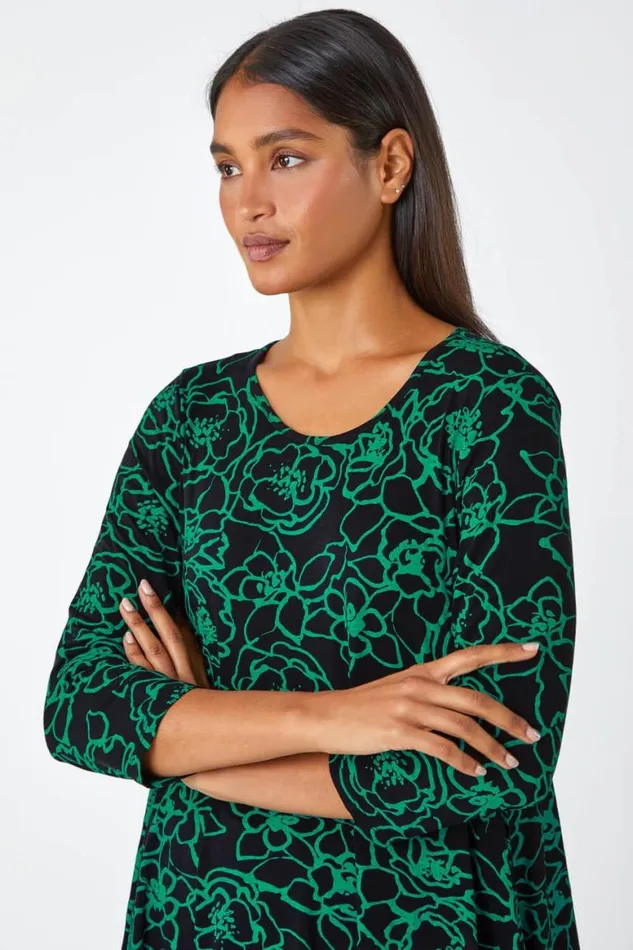 Women Green Floral Print Hanky Hem Stretch Tunic Top Roman Tops