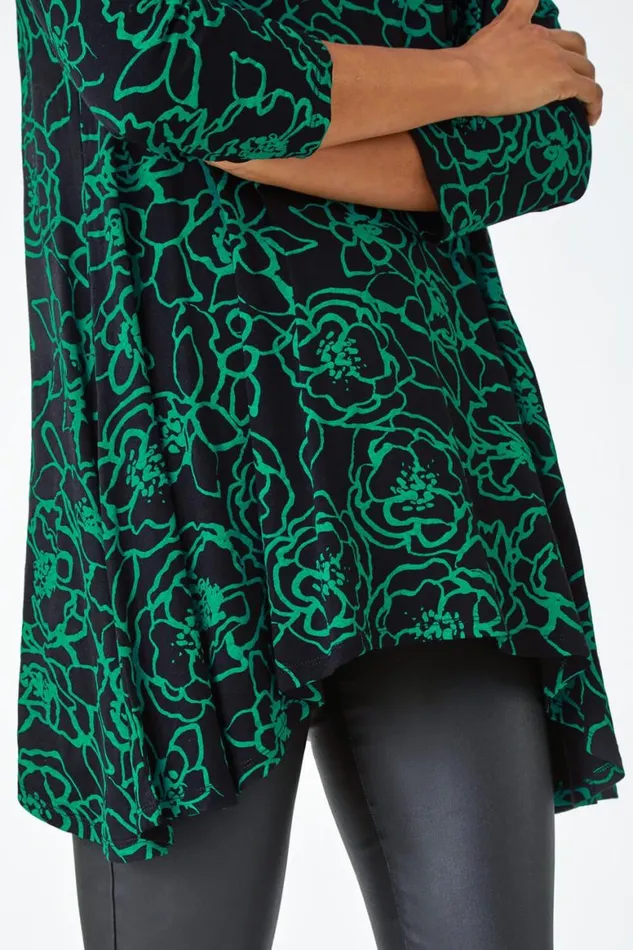 Women Green Floral Print Hanky Hem Stretch Tunic Top Roman Tops