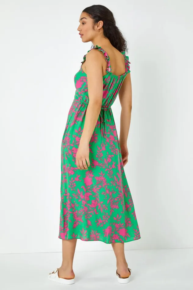 Women Green Floral Print Midi Sundress Roman Dresses