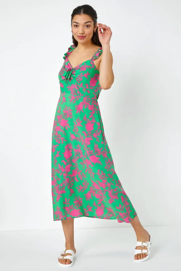 Women Green Floral Print Midi Sundress Roman Dresses